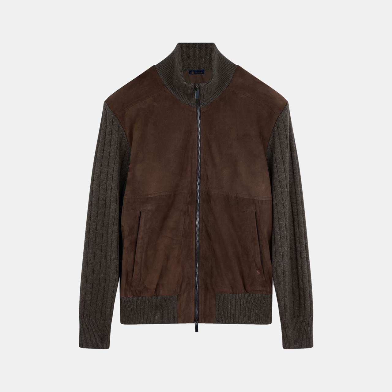 hybridjakke ruskind med strikærmer og ryg